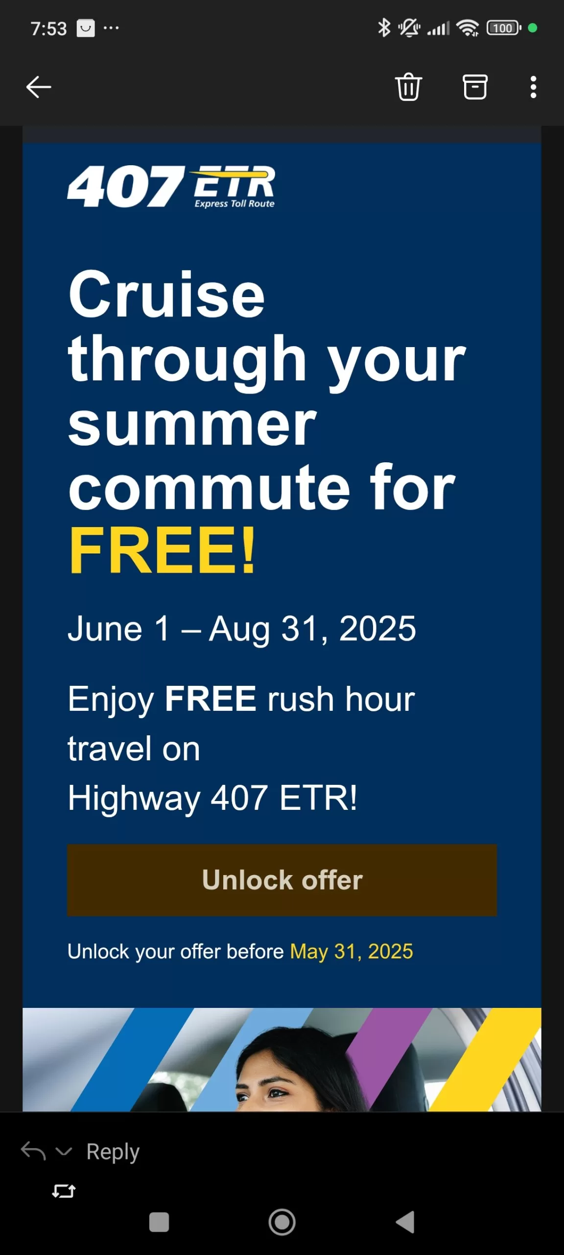 [407ETR] 407 Free Rush Hour June 1st – August 30 (YMMV targetted)
