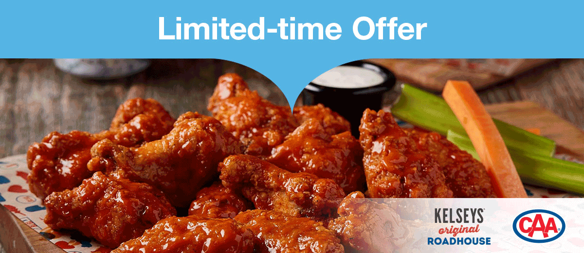[Kelseys] CAA South Central Ontario Members – Free 10-piece Chicken Wings w/ Purchase of any Beverage (July 29 ONLY)