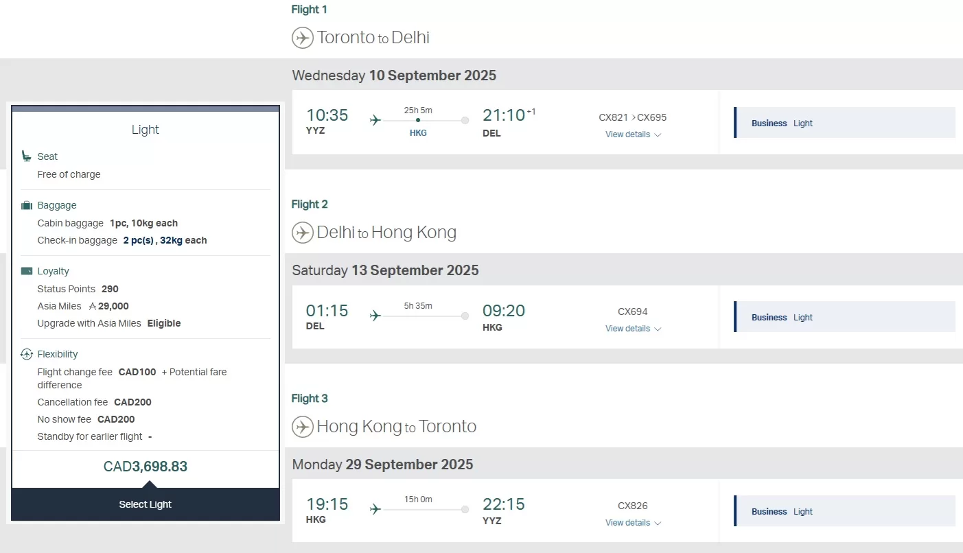 [Cathay Pacific] Toronto/Vancouver to India and Hong Kong (HKG) – $3600~ round trip in Business Class (Sept-Nov)